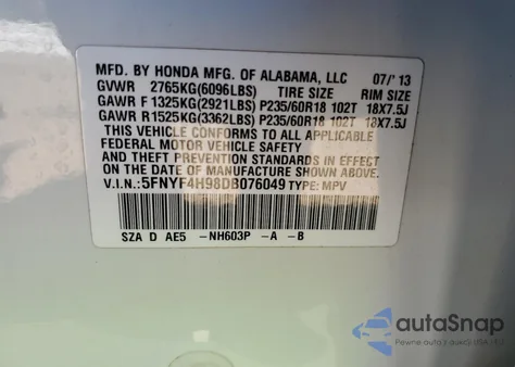 2013 Honda Pilot Touring from USA, damaged, VIN 5FNYF4H98DB076049